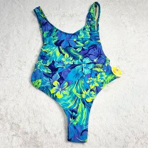 NWT Blue & Green Floral Scoop Neck One-Piece High Cut Cheeky Swimsuit Size Small